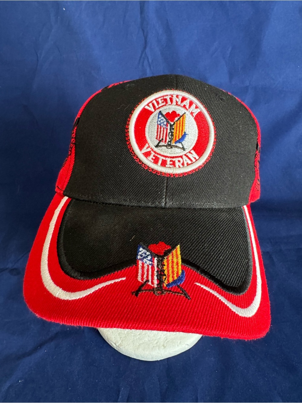 Vietnam Veteran Hat Ball Cap Black & Rec 100% Acrylic Adj. Hook & Loop